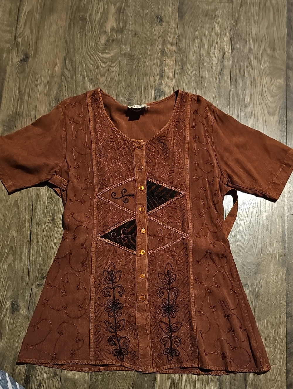 Embroidered Button Front Top Small Vintage Speed Limit Mph Bohemian Brown Black